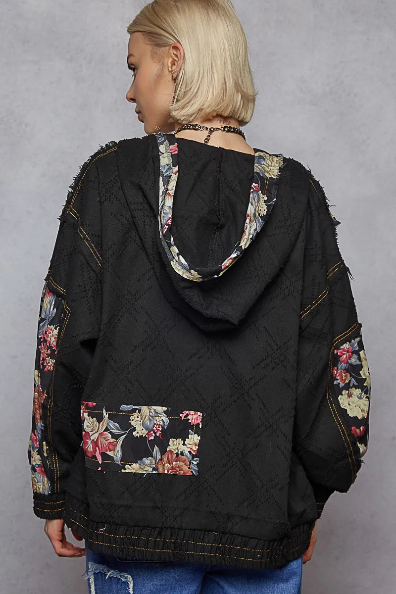 Image of POL Zip Up Floral and Lace Patch Washed Jacket | Queeble.shop