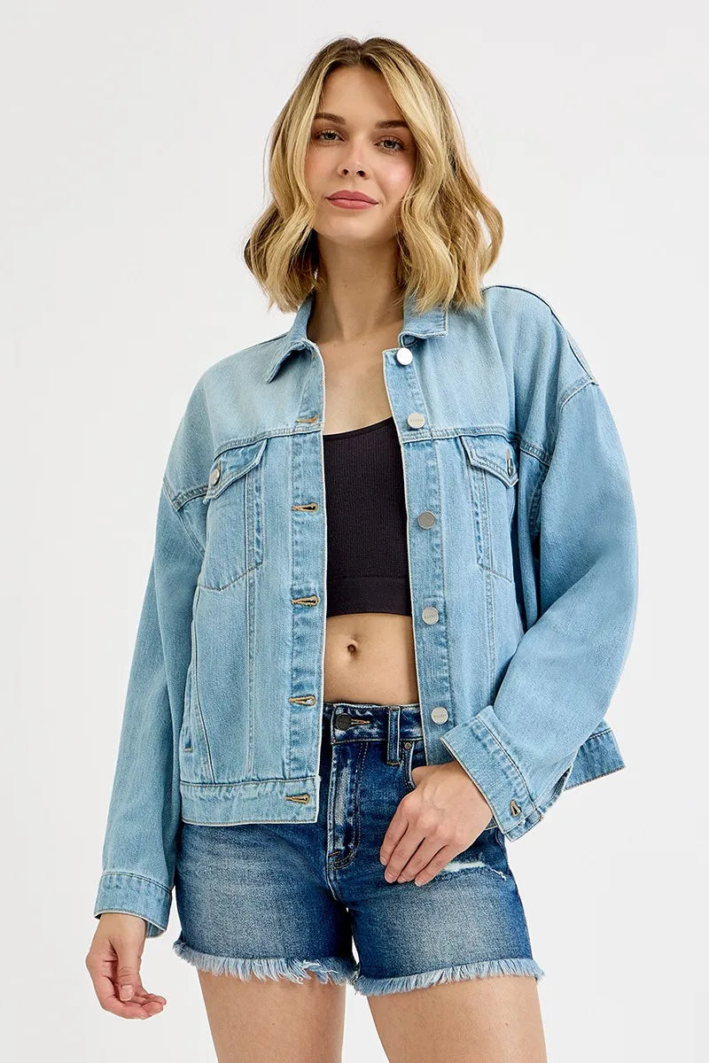 Image of RISEN Washed Dropped Shoulder Denim Jacket | Queeble.shop
