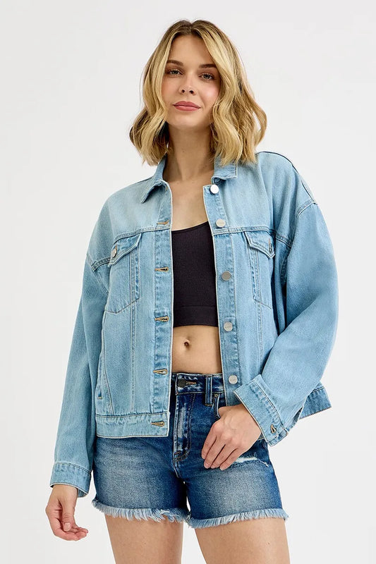 Image of RISEN Washed Dropped Shoulder Denim Jacket | Queeble.shop