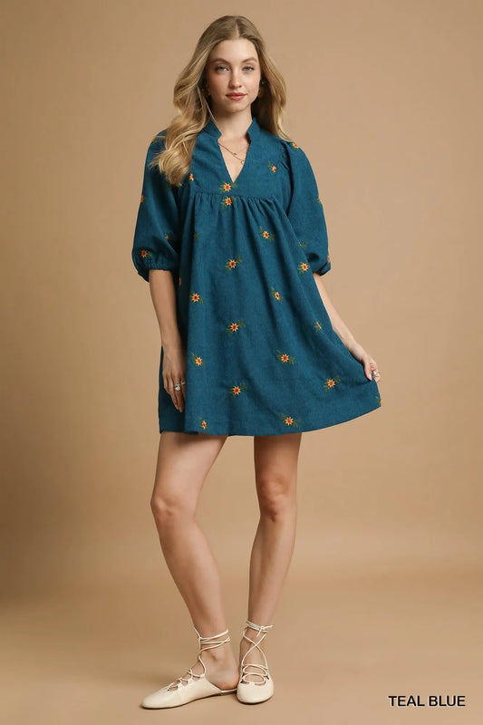 Image of Umgee Corduroy Babydoll Dress with Floral Embroidery | Queeble.shop