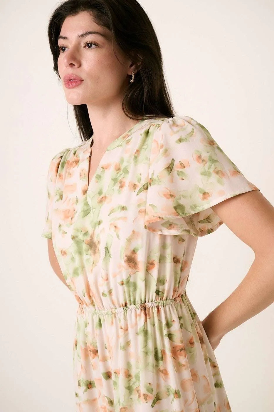 Image of Mittoshop Flower Print Flutter Sleeve V Slit Maxi Dress | Queeble.shop