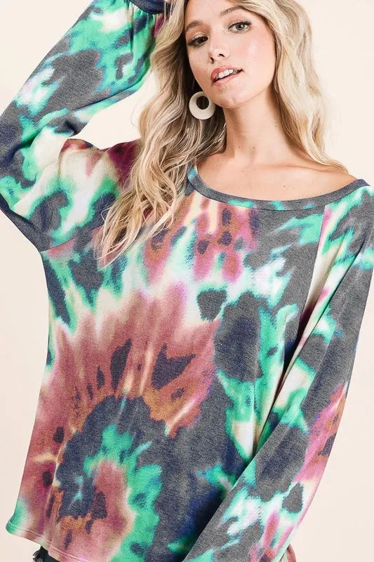 Image of BiBi Tie Dye Print Terry Top with Puff Sleeves | Queeble.shop
