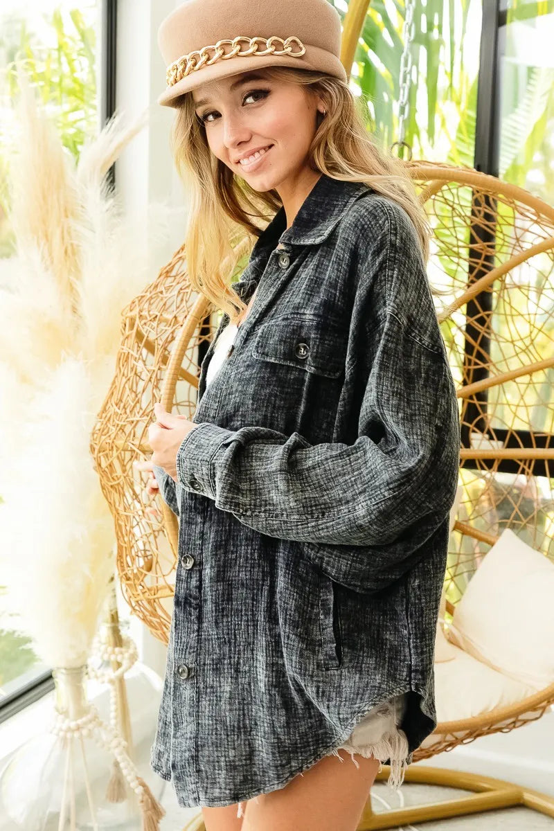 Image of BiBi Vintage Washed Wrinkle Gauze Shacket | Queeble.shop
