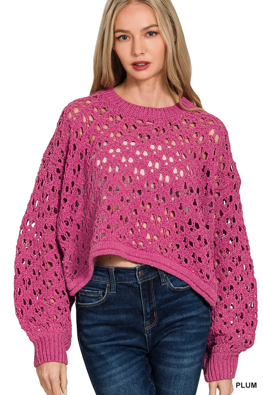 Image of Zenana Oversized Cropped Crochet Knit Sweater | Queeble.shop