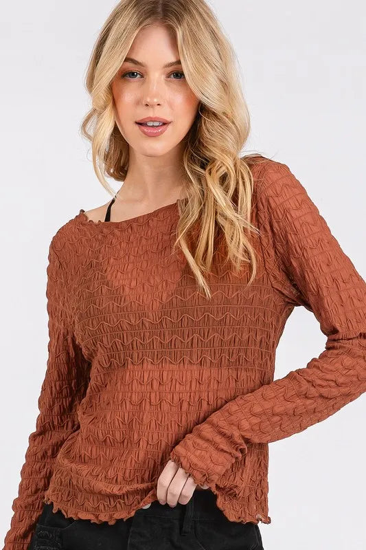 Image of Mittoshop Lettuce Hem Boat Neck Long Sleeve Blouse | Queeble.shop