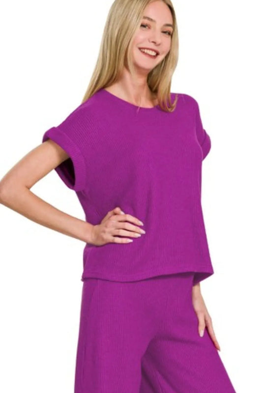 Image of Zenana Rolled Sleeve Top and Pants Sweater Set | Queeble.shop