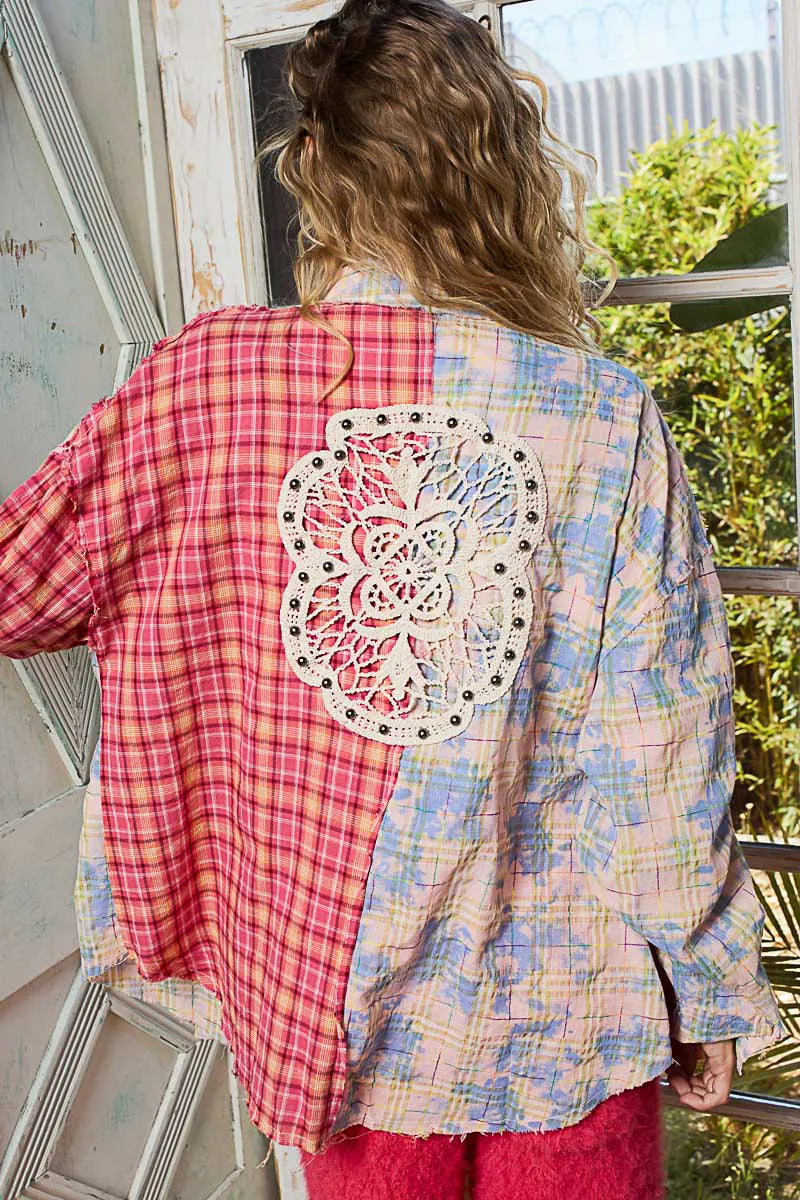 Image of POL Patchwork Plaid Button-Up Shirt with Contrast Pockets | Queeble.shop