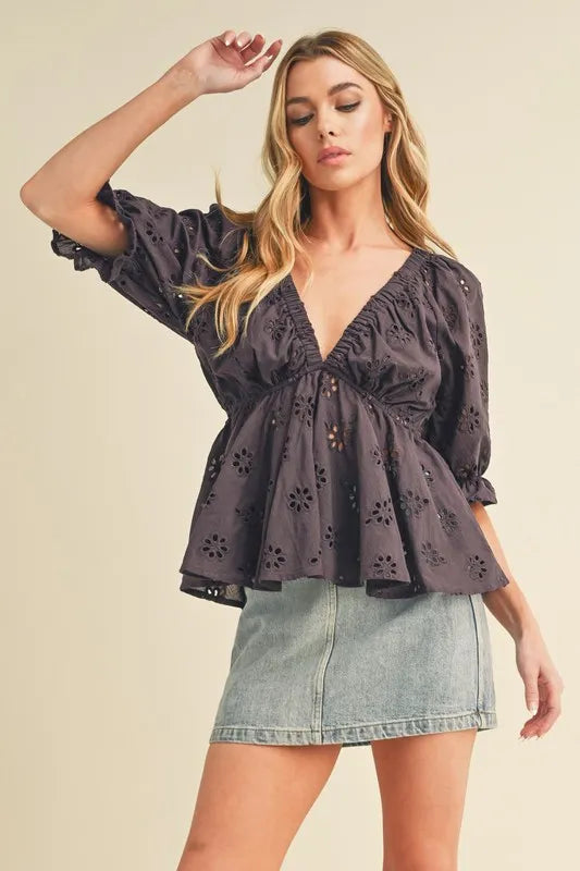 Image of Aemi + Co Eyelet Embroidered V-Neck Half Sleeve Peplum Blouse | Queeble.shop