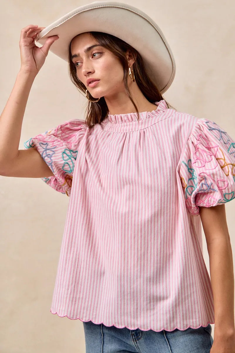 Image of BiBi Embroidery Bubble Sleeve Top With Bottom Scallop Detail | Queeble.shop
