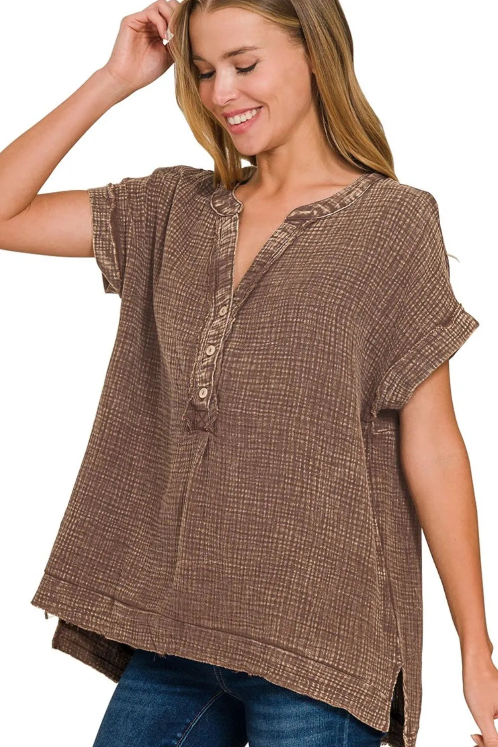 Image of Zenana Washed Double Gauze 3/4 Button Henley Neck Shirt | Queeble.shop