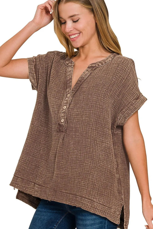 Image of Zenana Washed Double Gauze 3/4 Button Henley Neck Shirt | Queeble.shop