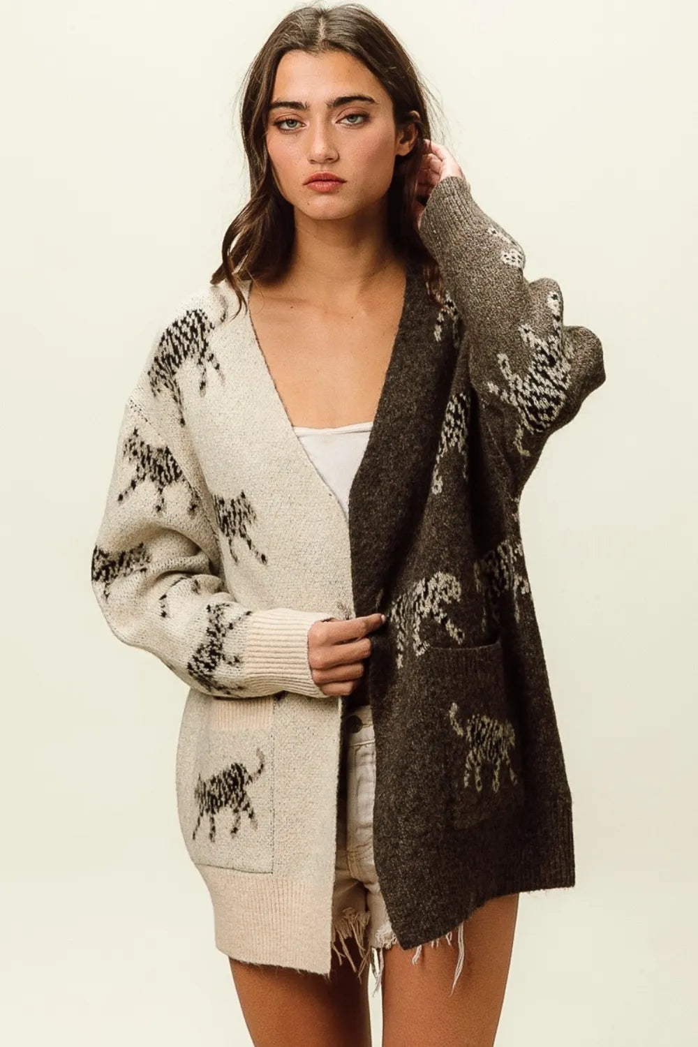 Image of BiBi Open Front Long Sleeve Contrast Cardigan | Queeble.shop