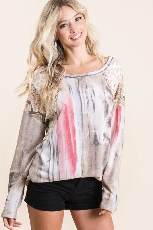 Image of BiBi Tie Dye Knit Top with Print Block Shoulder | Queeble.shop