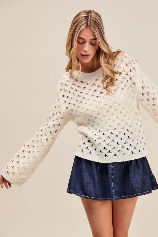 Image of SO ME Geometric Pattern Open Knit Lightweight Sweater | Queeble.shop