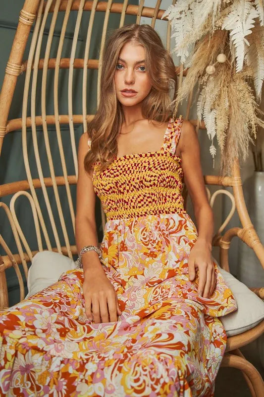 Image of Davi & Dani Multi Smocked Bodice Geo Ruffle Strappy Midi Dress | Queeble.shop