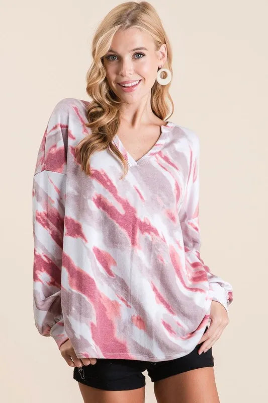 Image of BiBi Tie Dye French Terry Top with Balloon Sleeves | Queeble.shop