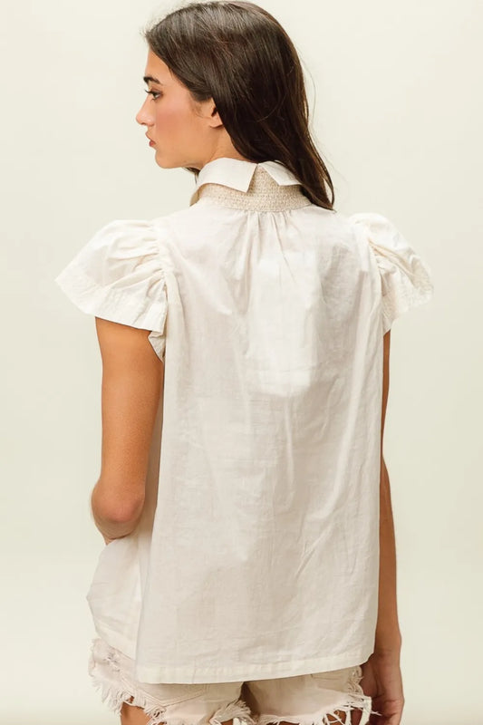 Image of BiBi Half Button Collared Neck Short Sleeve Top | Queeble.shop
