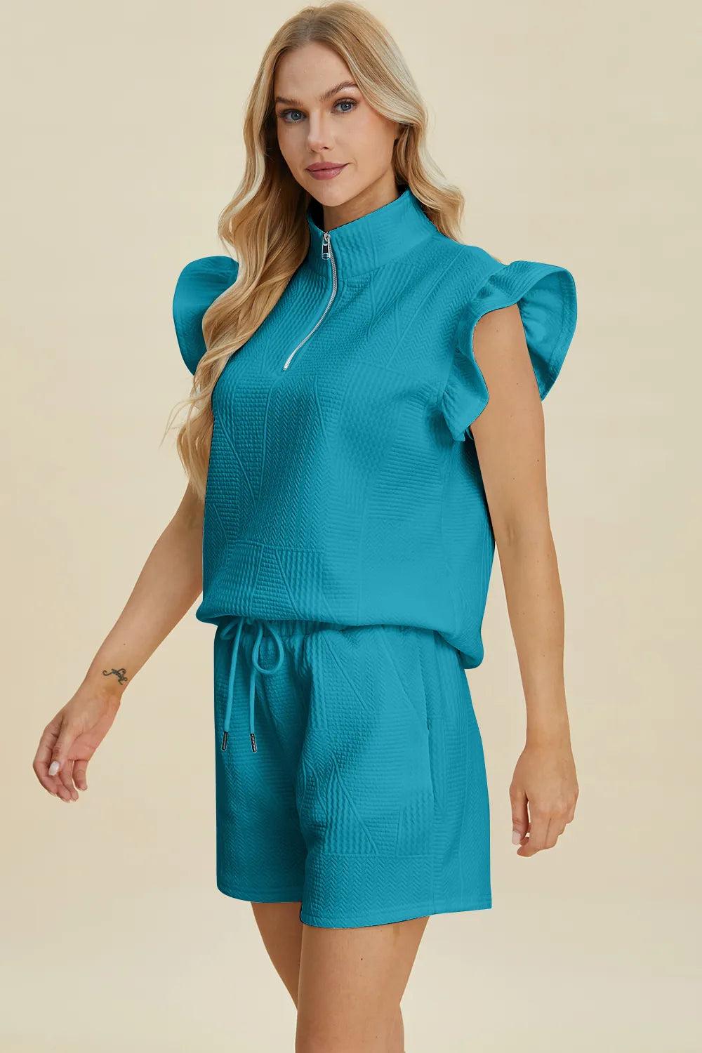 Image of Double Take Full Size Texture Flounce Sleeve Top and Shorts Set | Queeble.shop