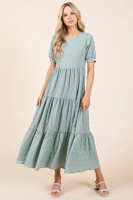 Image of BOMBOM Textured Short Sleeve Tiered Dress | Queeble.shop