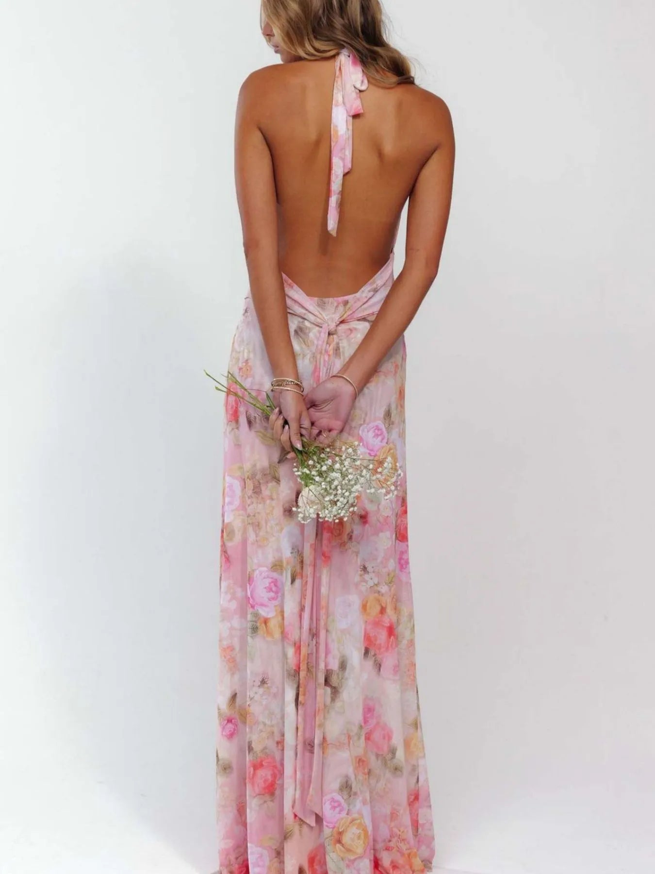 Image of Floral Halter Neck Deep V Maxi Dress | Queeble.shop