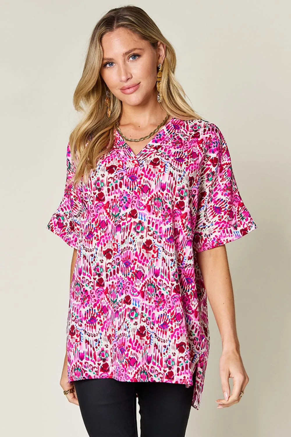 Image of Double Take Full Size Printed V-Neck Short Sleeve Blouse | Queeble.shop