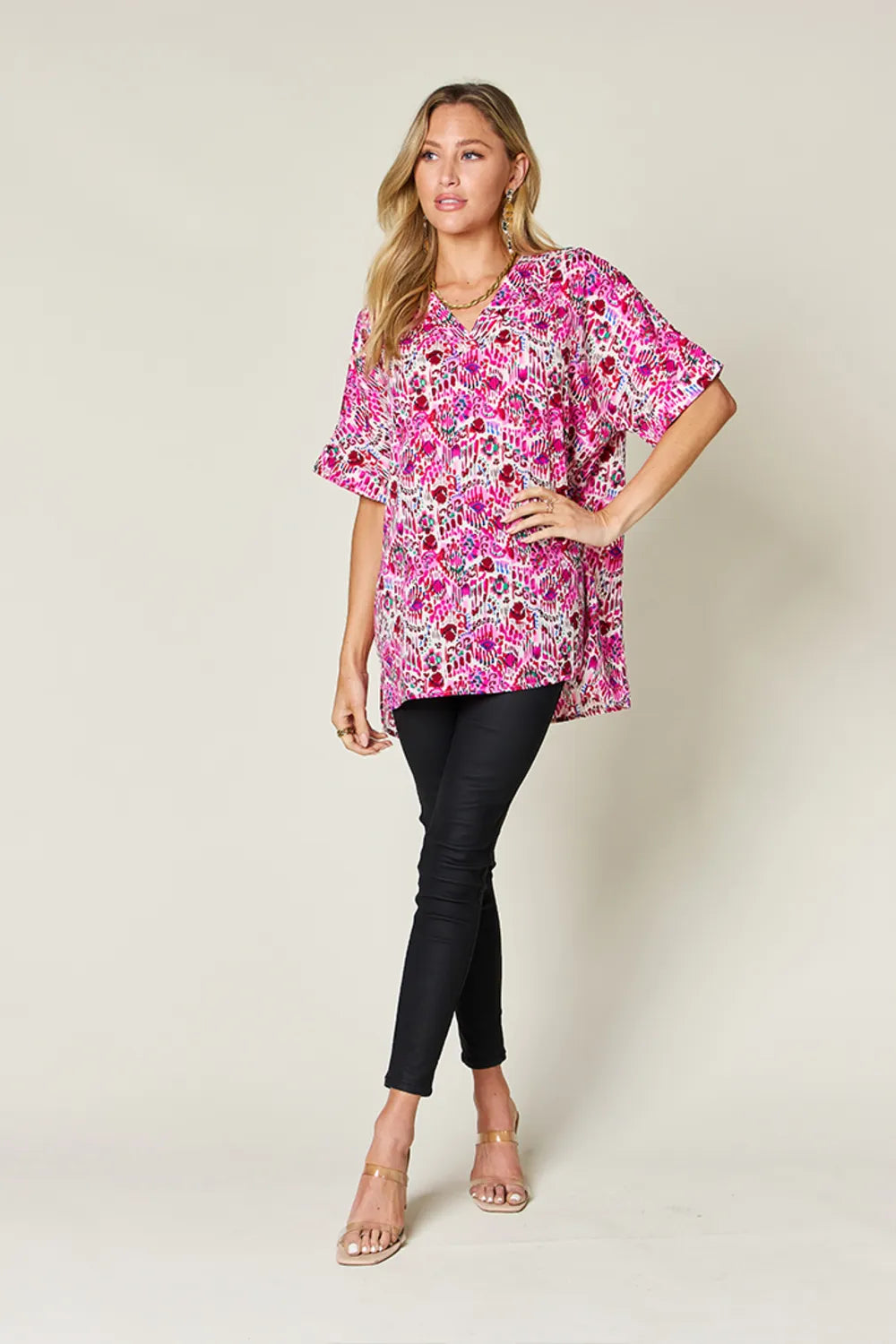 Image of Double Take Full Size Printed V-Neck Short Sleeve Blouse | Queeble.shop