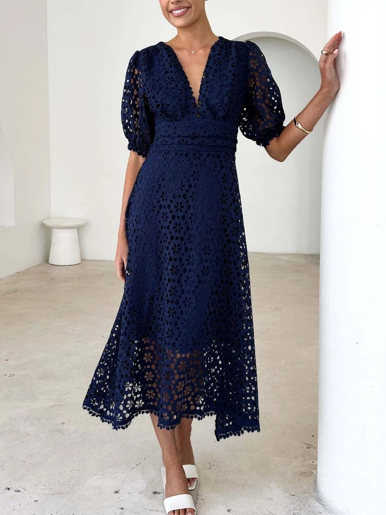 Image of Eyelet Lace V-Neck Midi Dress with Puff Sleeves | Queeble.shop