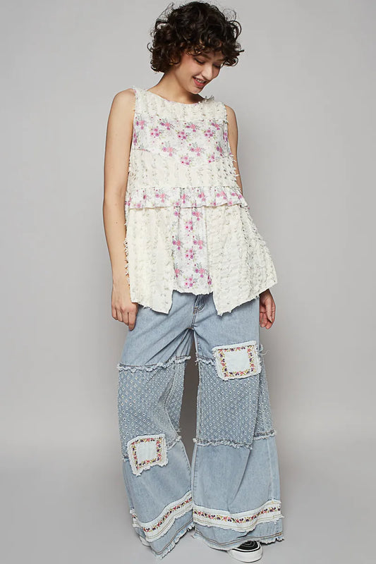 Image of POL Floral Textured Round Neck Sleeveless Top | Queeble.shop