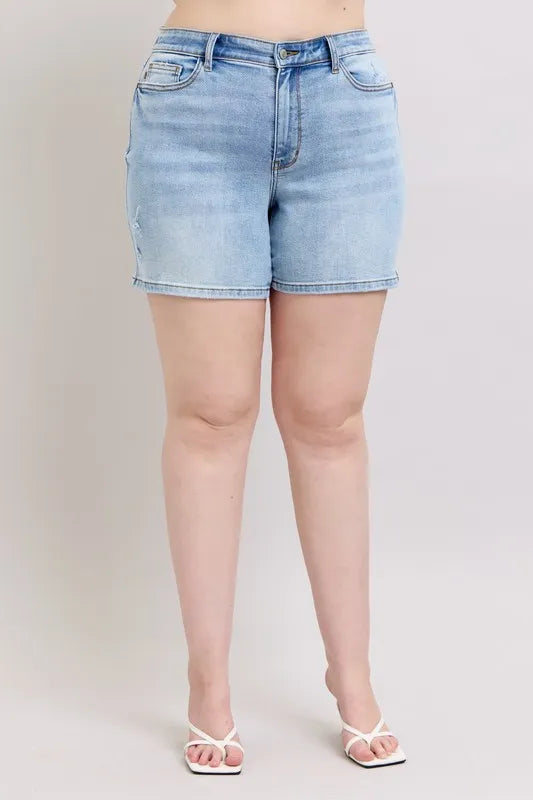 Image of Judy Blue Full Size Mid Rise Washed Denim Shorts Plus Size | Queeble.shop