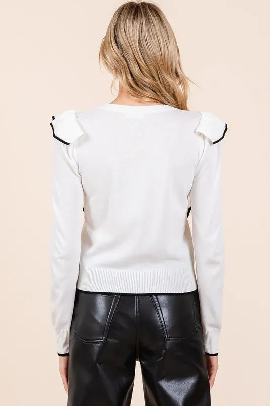 Image of Mittoshop Contrast Trim Ruffled Round Neck Knit Top | Queeble.shop