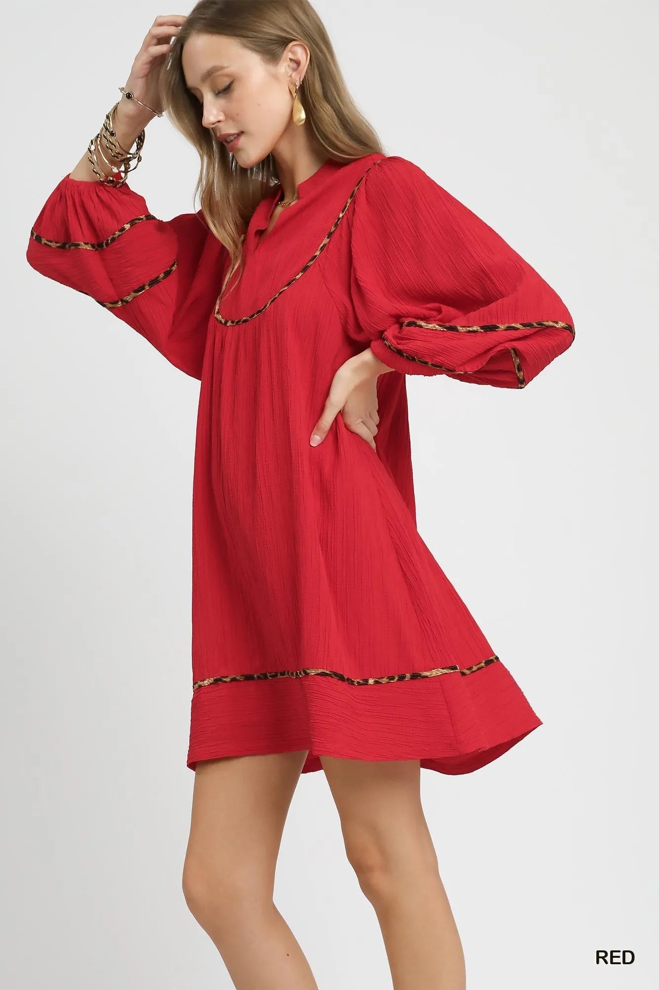 Image of Umgee Textured Babydoll Dress with Leopard Trim | Queeble.shop