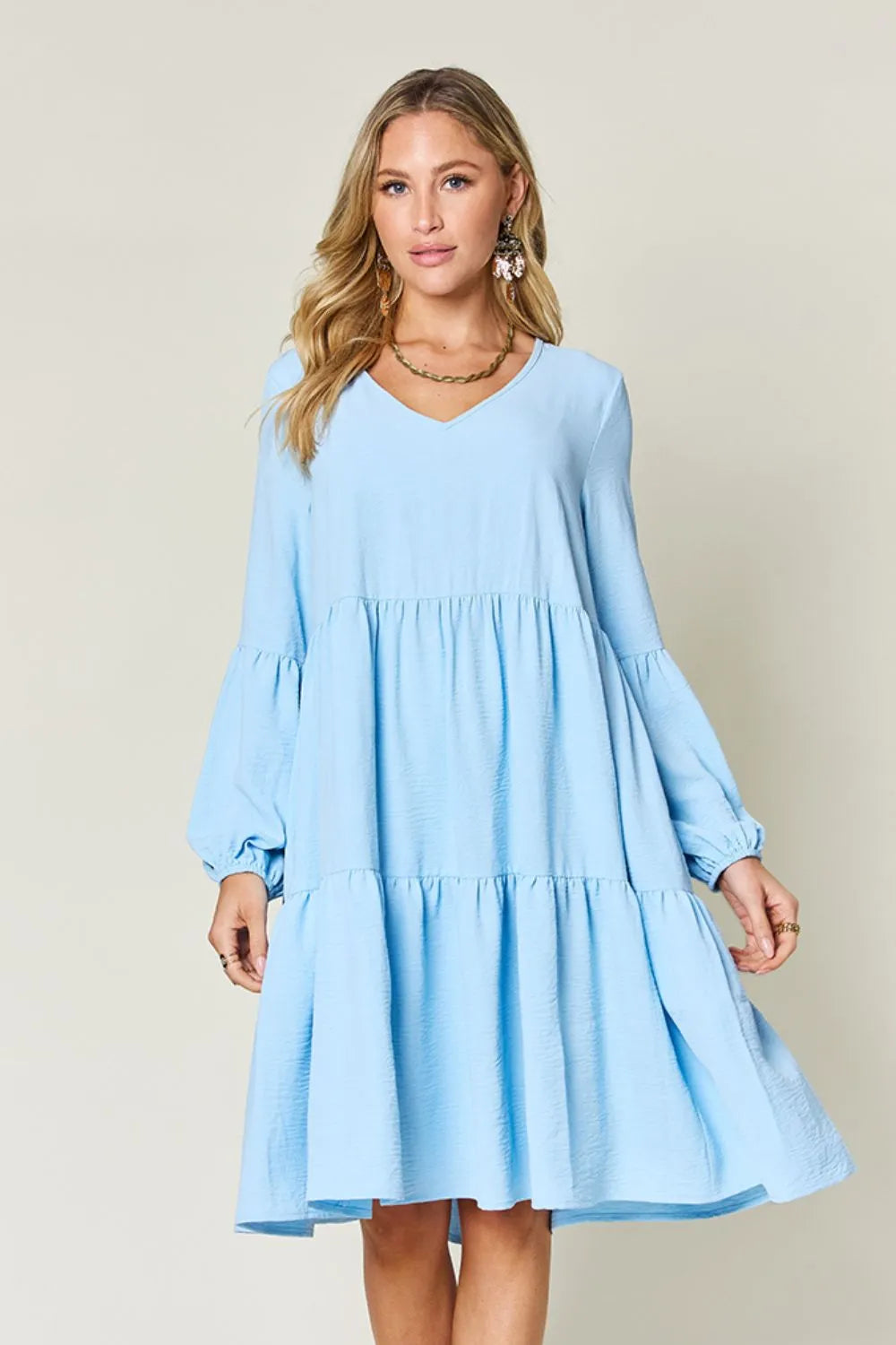 Image of Double Take Full Size V-Neck Balloon Sleeve Tiered Dress with Pockets | Queeble.shop