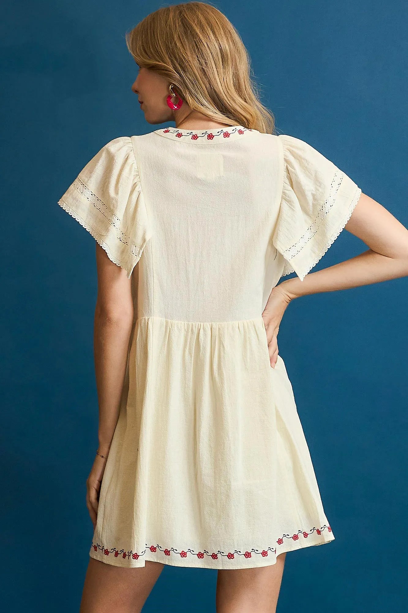 Image of Umgee Embroidered Floral Flutter Sleeve Mini Dress | Queeble.shop