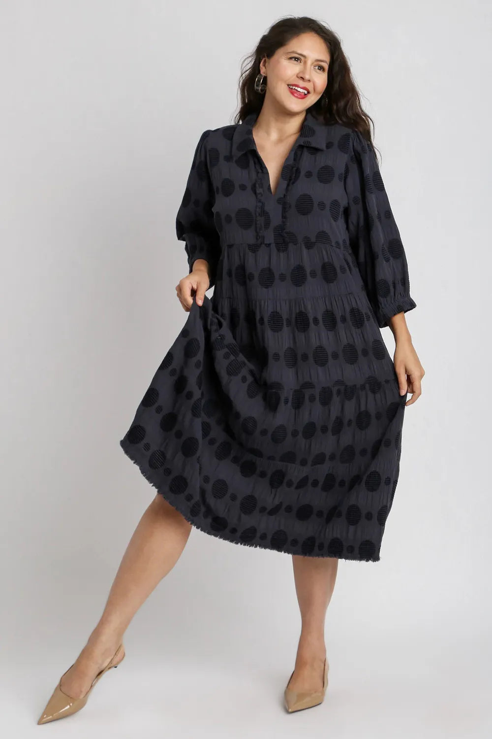 Image of Umgee Full Size Solid Dotted Jacquard Midi Dress Plus Size | Queeble.shop