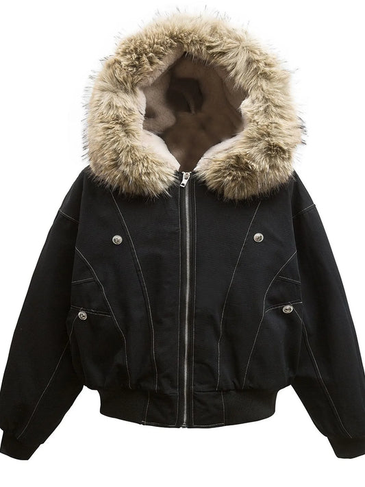 Image of Men's Faux Fur Hooded Zip Up Jacket | Queeble.shop
