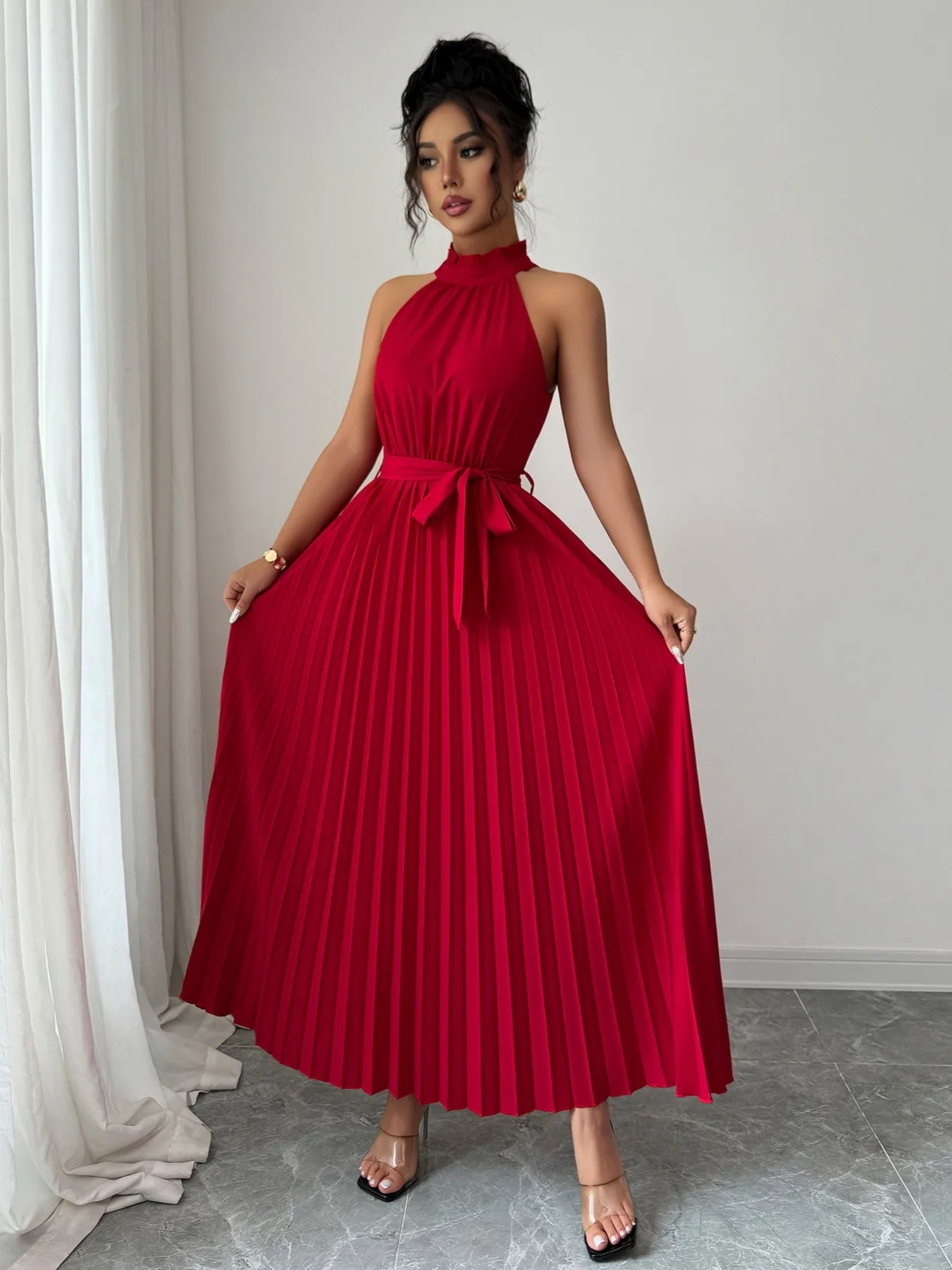 Image of Pleated Halter Neck Tie Waist Maxi Dress | Queeble.shop