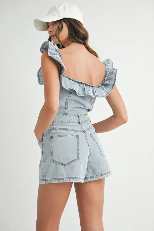 Image of MABLE Off Shoulder Ruffle Detail Denim Romper | Queeble.shop