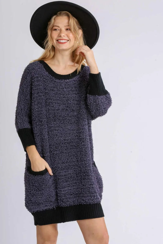 Image of Umgee Full Size Ribbed Hem Round Neck 3/4 Sleeve Sweater Dress with Pockets Plus Size | Queeble.shop