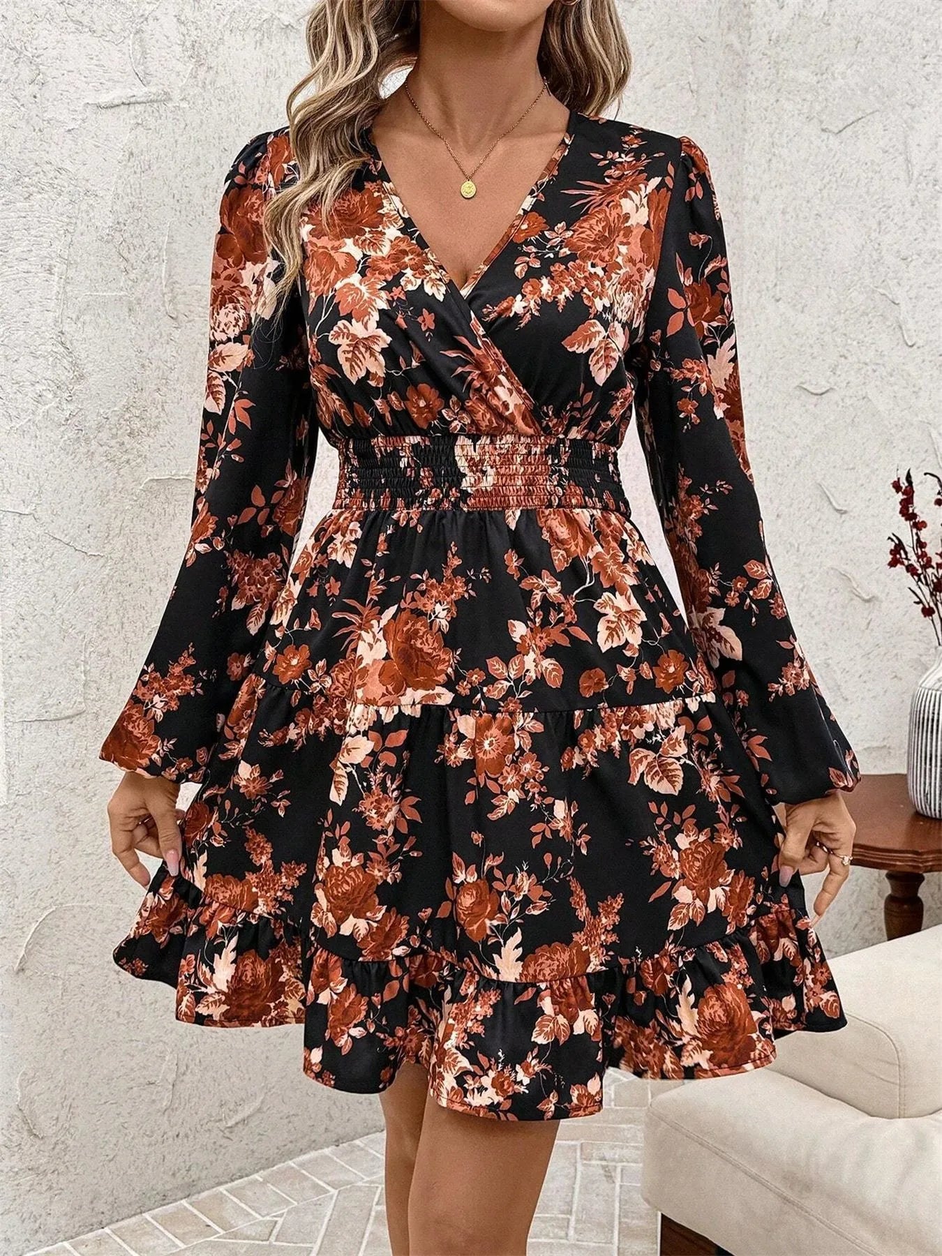 Image of Floral Print Long Sleeve Dress with Ruffle Hem | Queeble.shop