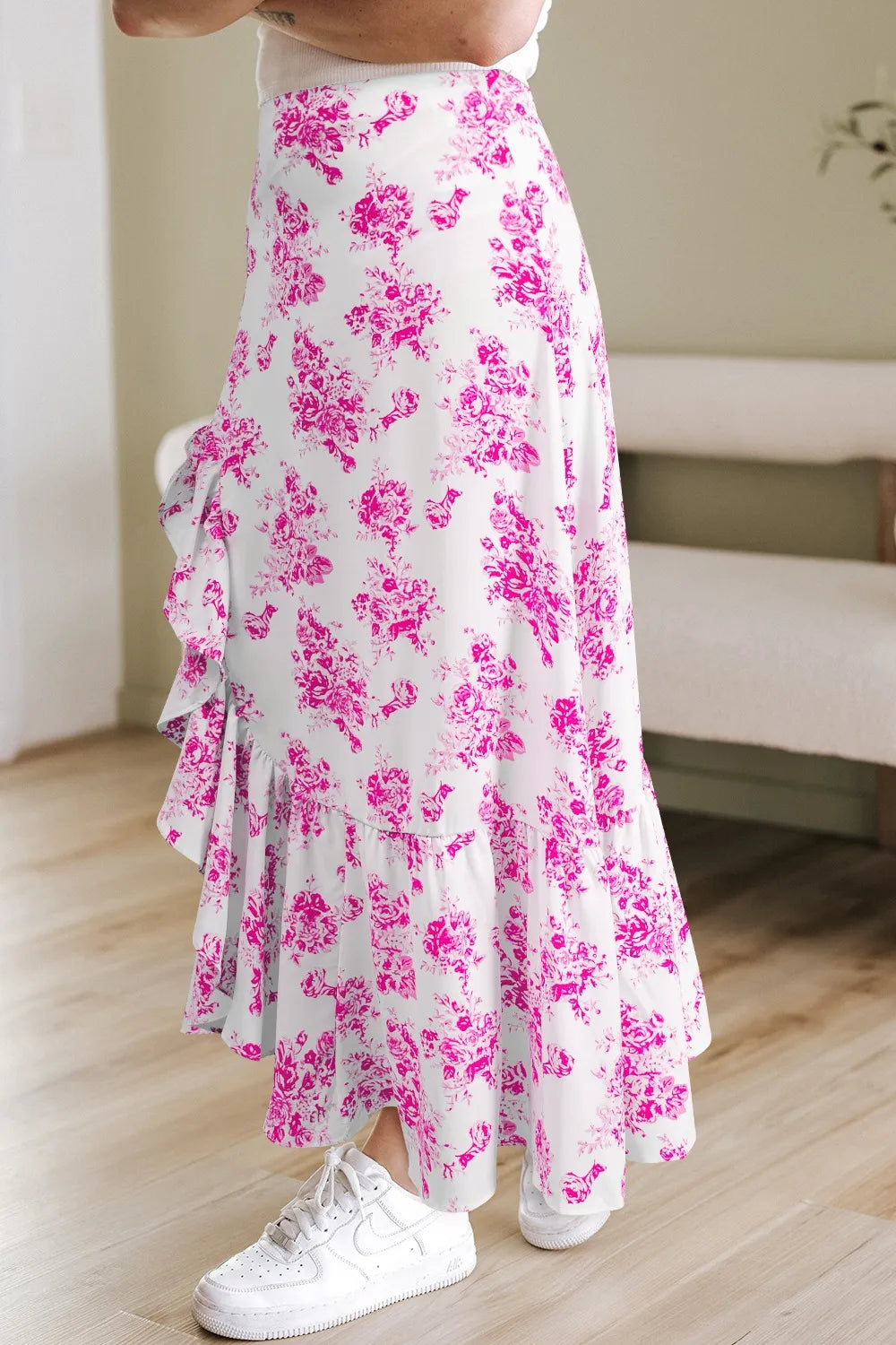 Image of Boho Floral High Waist Ruffle Split Maxi Skirt | Queeble.shop