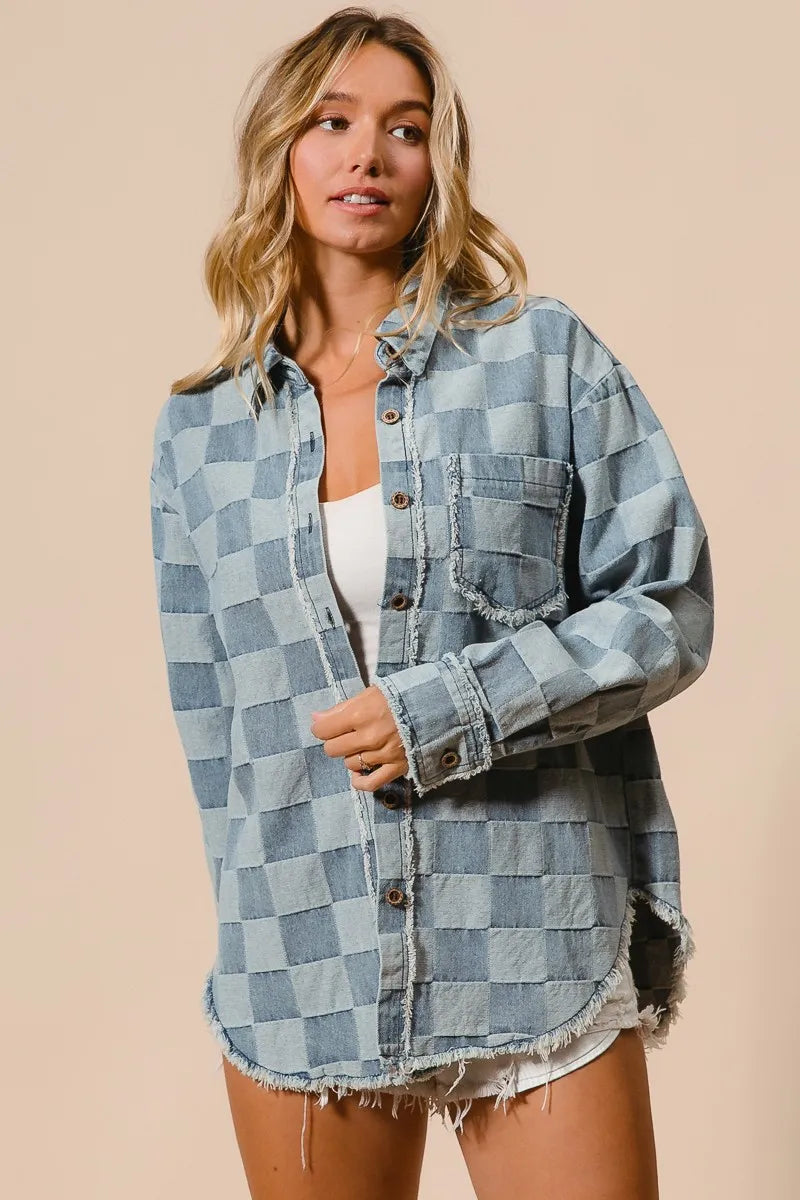 Image of BiBi Frayed Edged Detail Washed Checker Denim Shirt | Queeble.shop