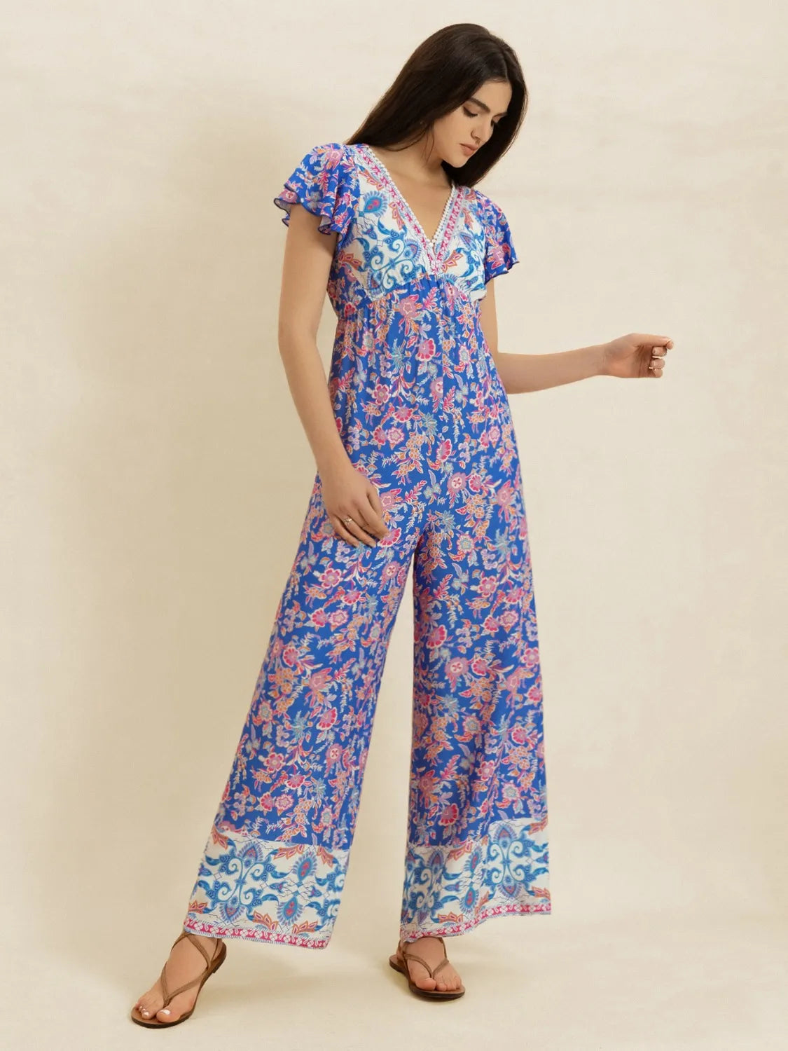Image of Printed V-Neck Wide Leg Jumpsuit | Queeble.shop