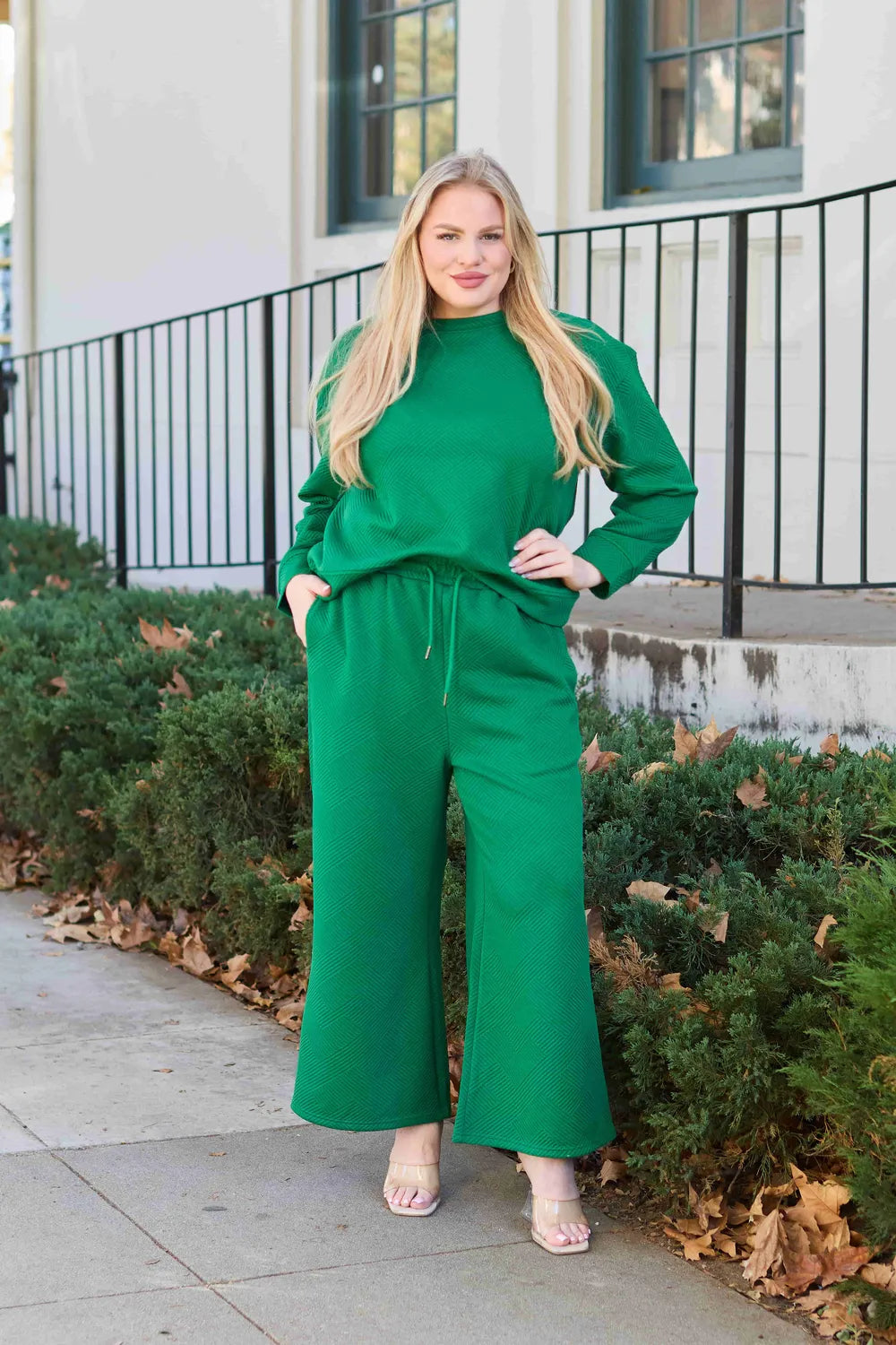 Image of Double Take Full Size Textured Long Sleeve Top and Drawstring Pants Set | Queeble.shop