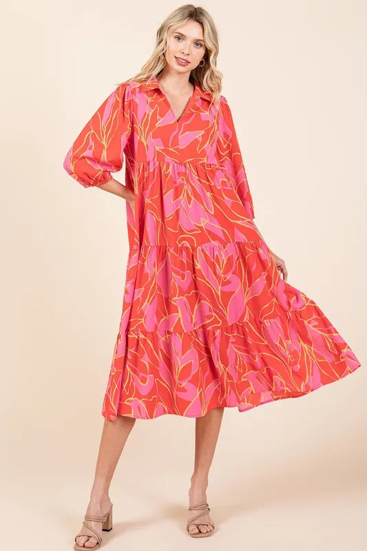 Image of Mittoshop Tiered Printed Collared Neck Midi Dress | Queeble.shop