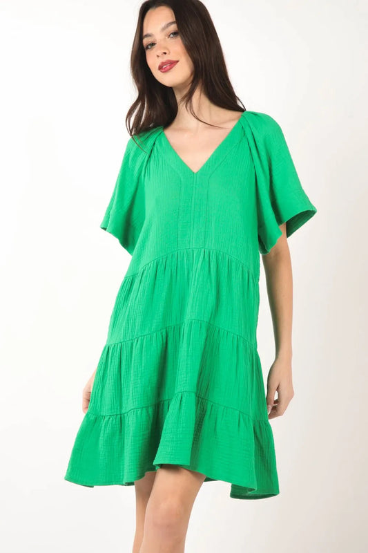 Image of VERY J Texture V-Neck Ruffled Tiered Dress | Queeble.shop