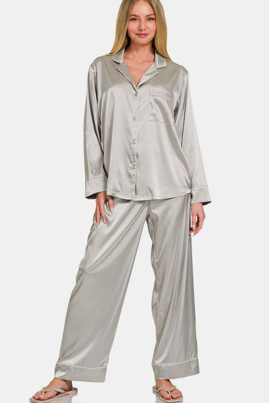 Image of Zenana Satin Long Sleeve Shirt and Pants Pajama Set | Queeble.shop