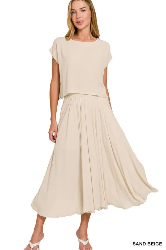 Image of Zenana Woven Crinkle Gauze Crop Tee and Skirt Set | Queeble.shop