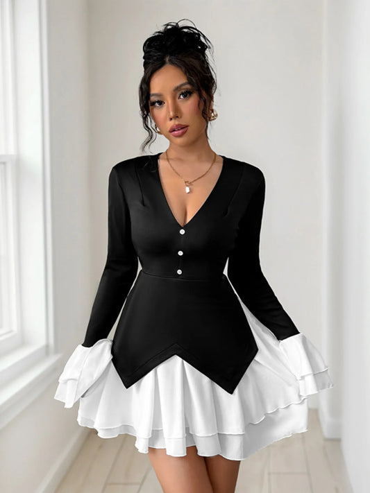 Image of Two Tone V-Neck Long Sleeve Mini Dress | Queeble.shop