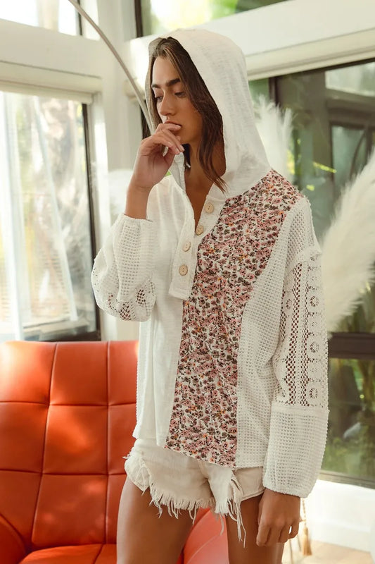 Image of BiBi Slub Jersey with Lace Combo Buttoned Hoodie Top | Queeble.shop