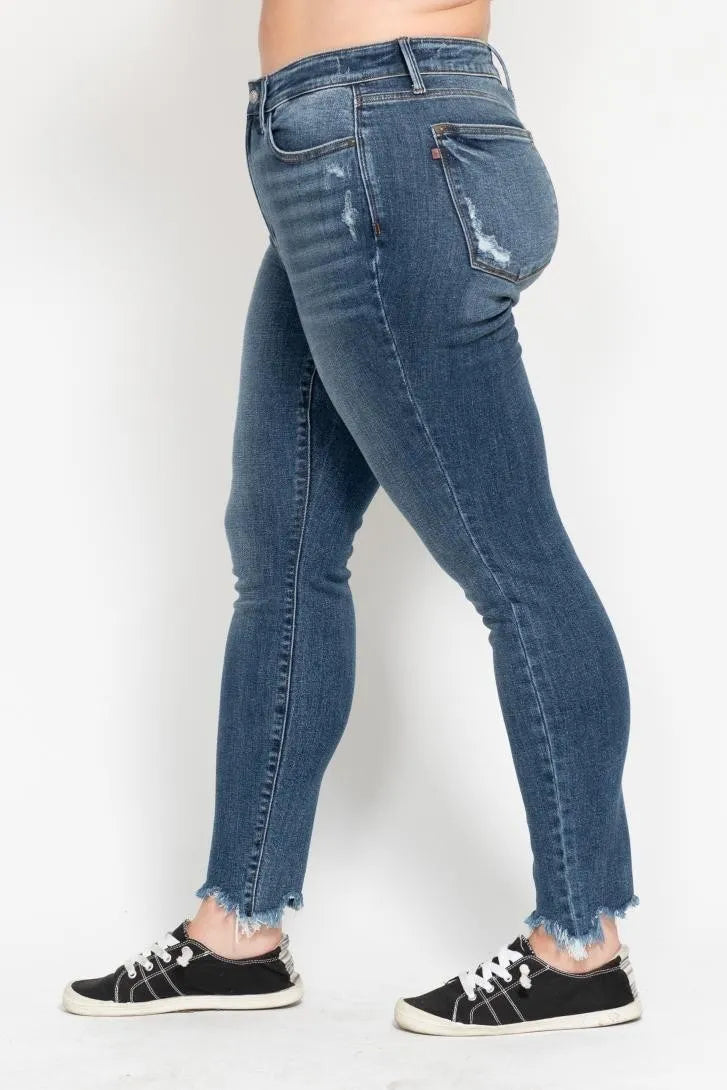 Image of Judy Blue Plus Size High Waist Skinny with Destroy & Shark Bit Hem | Queeble.shop